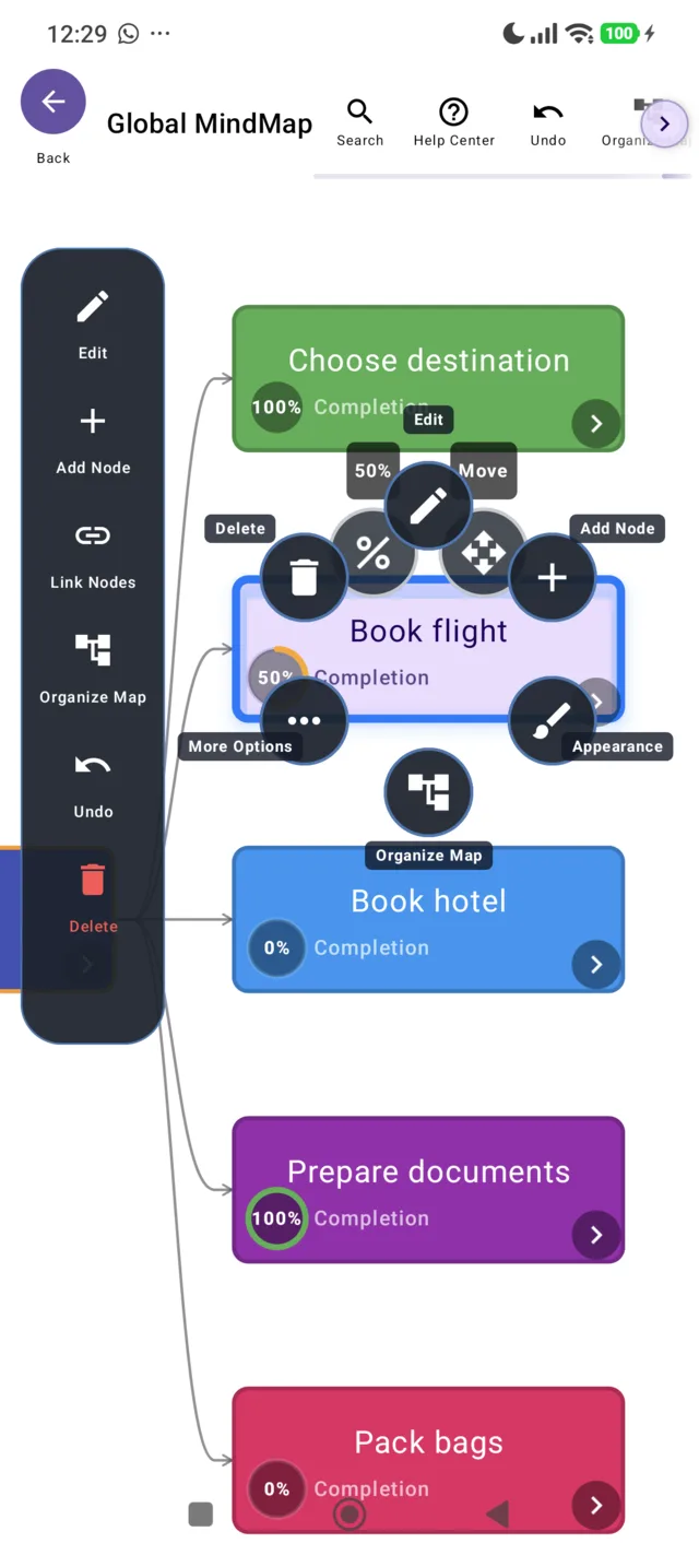 The radial menu open around a selected node in the editor.