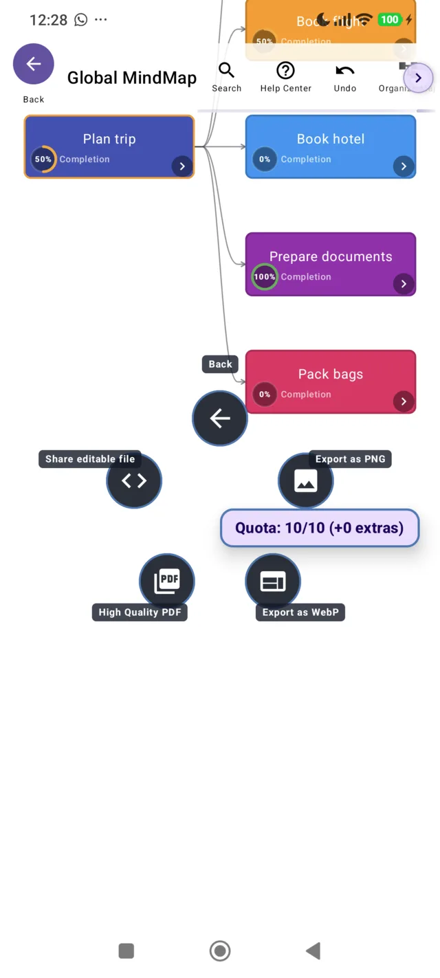 The export radial menu offering Back, Share editable file, Export as PNG, High Quality PDF and Export as WebP, with a quota counter reading 10/10.