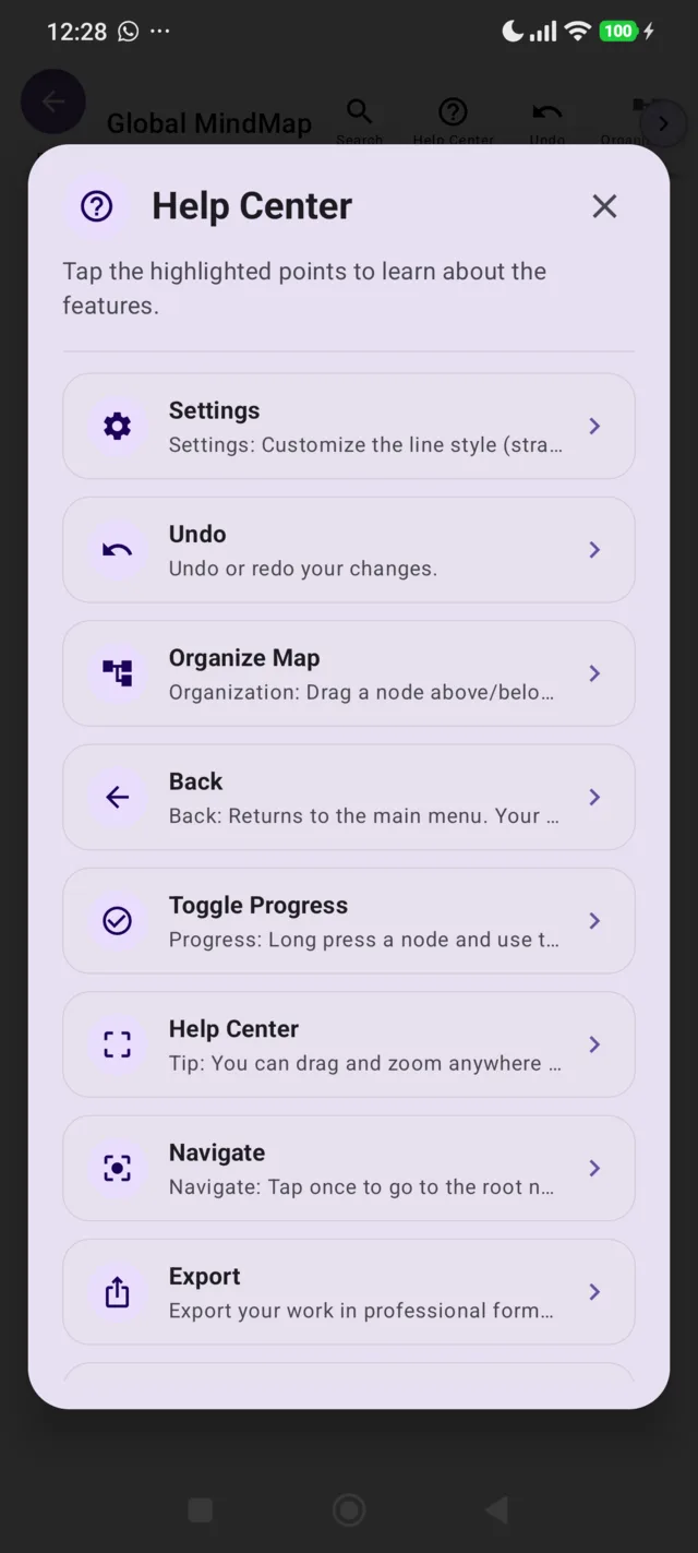 The in-app Help Center listing Settings, Undo, Organize Map, Back, Toggle Progress, Help Center, Navigate and Export.